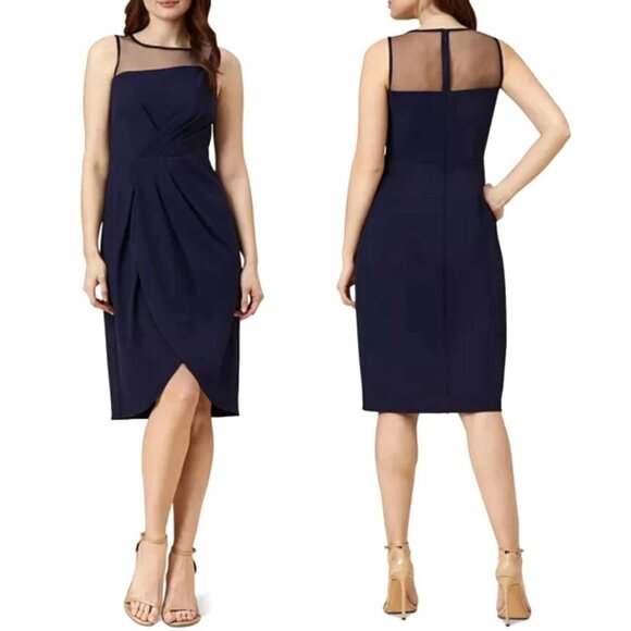 Adrianna Papell Illusion Dress Sz 14 Asymmetrical Mesh Top Midnight Witchy Glam - Picture 1 of 12
